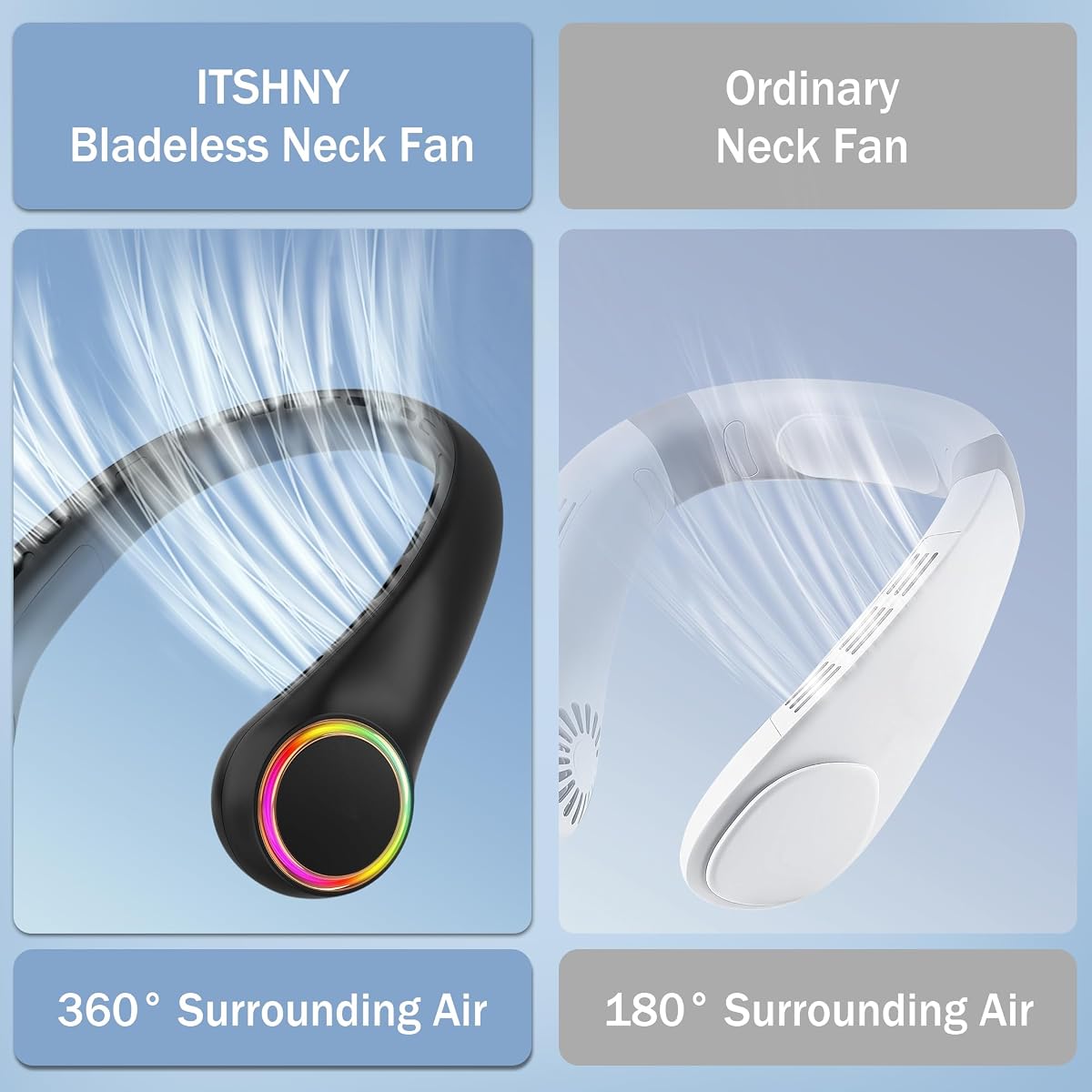 Vergelijking: bladeless nekventilator met 360° luchtstroom tegenover een gewone nekventilator met 180°
