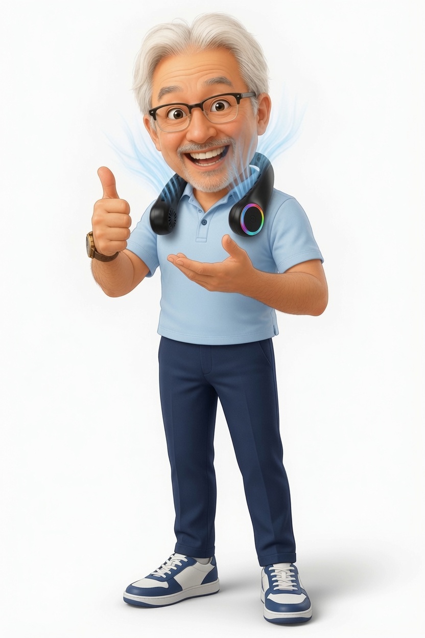 Patrick met de bladeless nekventilator om zijn nek, duim omhoog